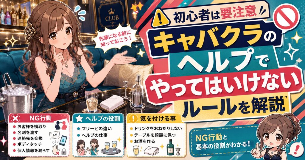 キャバクラのヘルプでやってはいけないルールを解説するアイキャッチ。初心者向けに、名刺交換・連絡先交換・ボディタッチ・お客様の横取りなどのNG行動をかわいいイラストでまとめた画像。