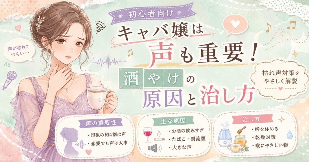 キャバ嬢の声の重要性と酒やけの原因・治し方を解説するアイキャッチ。喉を気にする女性と、飲酒・たばこ・大きな声・乾燥対策などのポイントをかわいいイラストでまとめた画像。