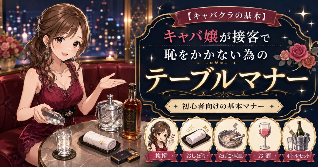 キャバクラのテーブルマナーを解説するアイキャッチ。キャバ嬢がお酒やおしぼり、灰皿、ボトルセットなど接客時の基本マナーを紹介しているイラスト。