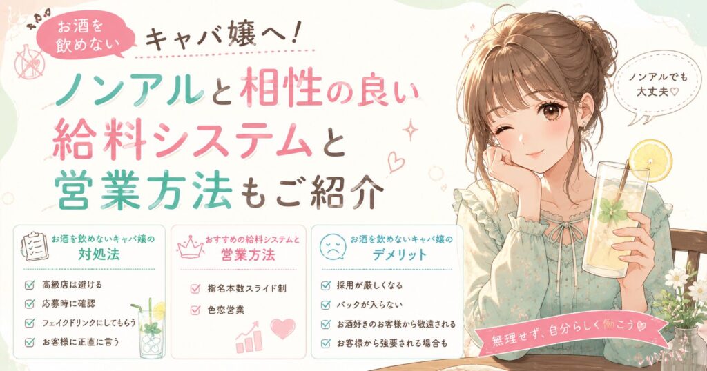 お酒を飲めないキャバ嬢向けに、ノンアルでも働くための対処法や相性の良い給料システム、営業方法、デメリットを解説するアイキャッチ画像。ノンアルドリンクを持つ女性イラストとチェックリストで紹介している。