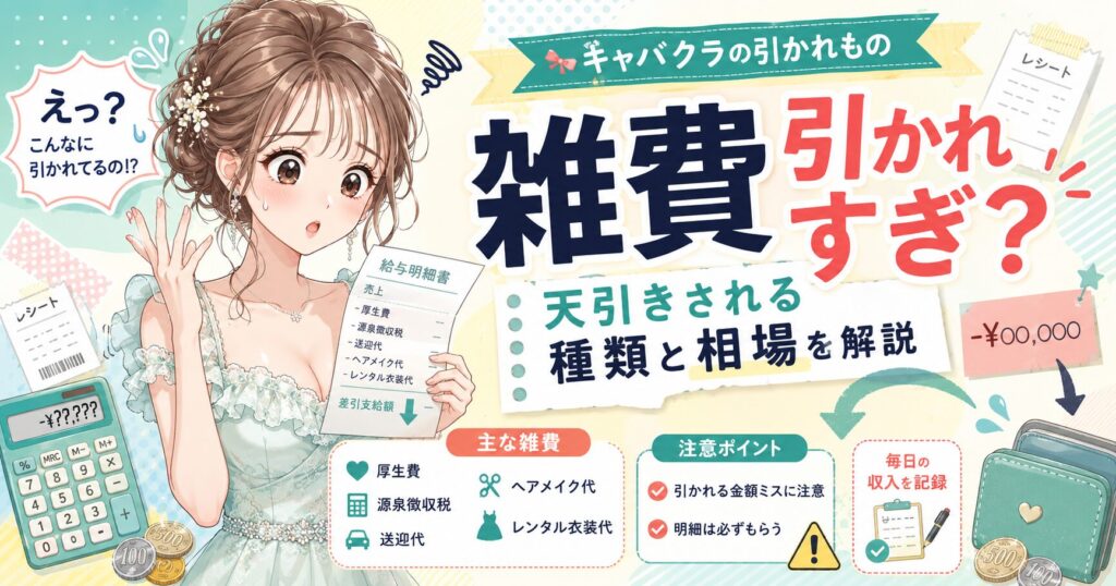 キャバクラの雑費や引かれものについて、給与から天引きされる種類・相場・明細確認の注意点を解説するキャバ嬢向けイラスト