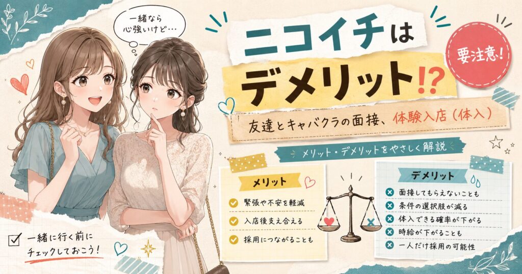 友達とキャバクラの面接・体験入店に行くメリットとデメリットを解説するアイキャッチ。2人の女性と、緊張軽減・支え合い・条件が合いにくい・体入確率低下などの注意点をかわいいイラストでまとめた画像。