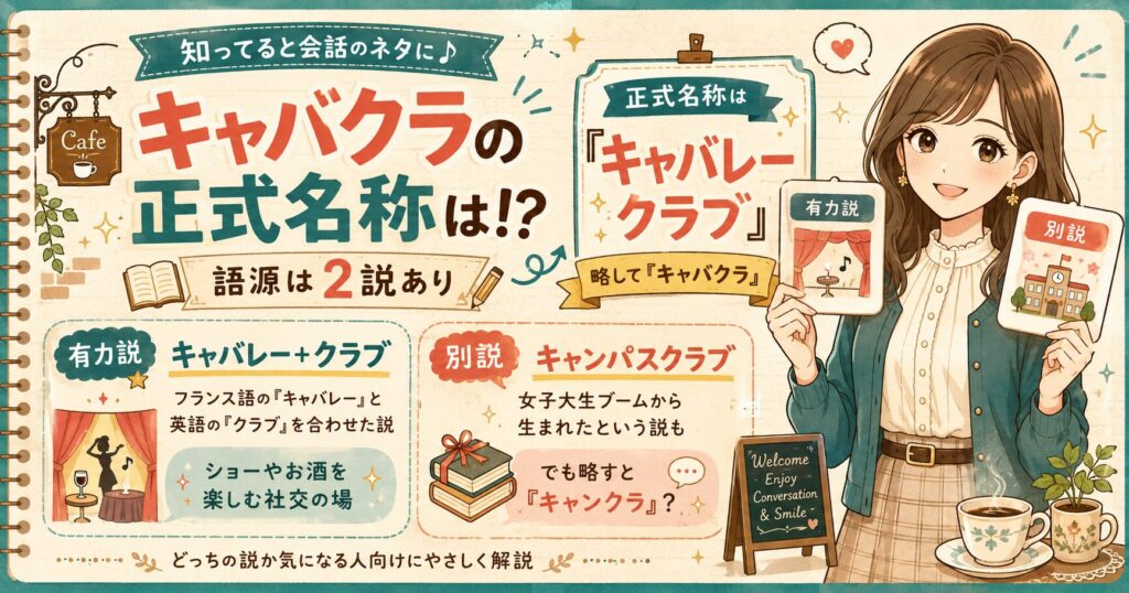 キャバクラの正式名称と語源を解説するアイキャッチ画像。キャバレークラブ説とキャンパスクラブ説の2つの由来を、かわいい女性イラストと比較パネルで紹介している。