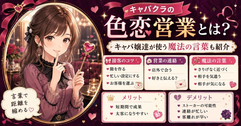 キャバクラの色恋営業について解説するアイキャッチ画像。女性キャバ嬢のイラストとともに、接客のコツ、営業連絡、魔法の言葉、メリット・デメリットを紹介している。