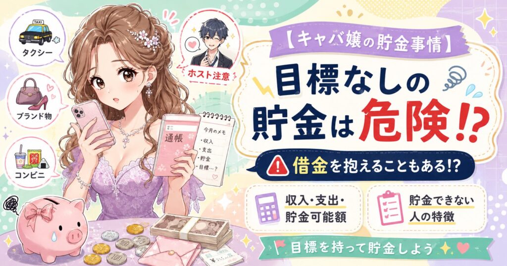 キャバ嬢の収入・支出・貯金事情を表したイラスト。目標なしの貯金や浪費、借金リスクへの注意を伝えている