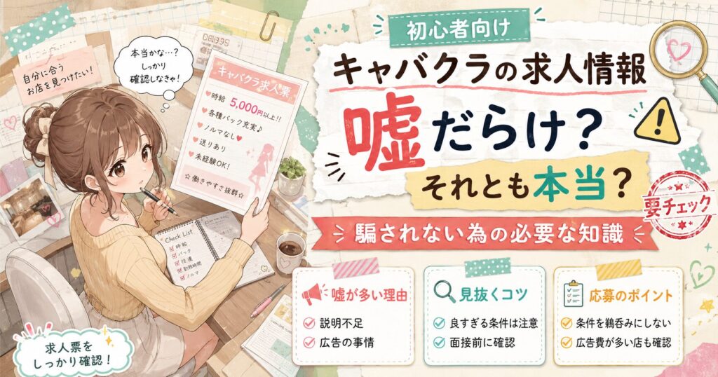 キャバクラの求人情報が嘘か本当かを見極めるためのアイキャッチ。求人票を確認する女性と、良すぎる条件・説明不足・面接前の確認ポイントなどをかわいいイラストでまとめた画像。