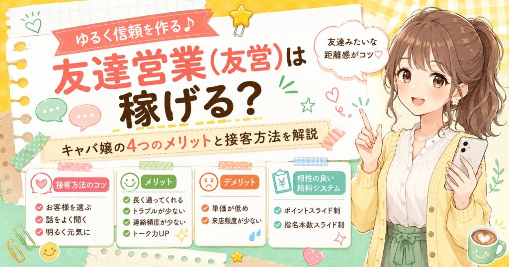 キャバクラの友達営業(友営)について解説するアイキャッチ画像。女性キャバ嬢のイラストとともに、接客方法のコツ、4つのメリット、デメリット、相性の良い給料システムを紹介している。