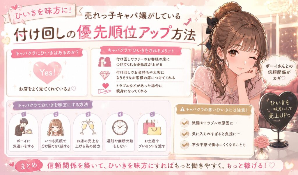 キャバクラの付け回しで優先順位を上げる方法を解説するアイキャッチ画像。女性キャバ嬢のイラストとともに、ひいきを味方にするメリット、ボーイへの気遣い、笑顔での接し方、遅刻や無断欠勤をしないなどのポイントを紹介している。