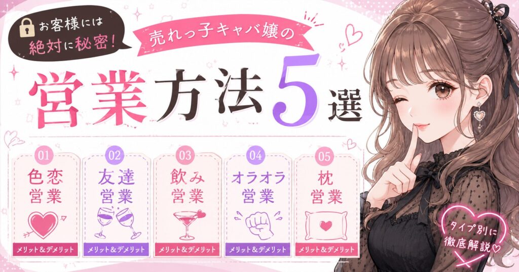 売れっ子キャバ嬢の営業方法5選を紹介するアイキャッチ画像。色恋営業、友達営業、飲み営業、オラオラ営業、枕営業の特徴とメリット・デメリットを、かわいい女性イラストとチェック項目風にまとめている。