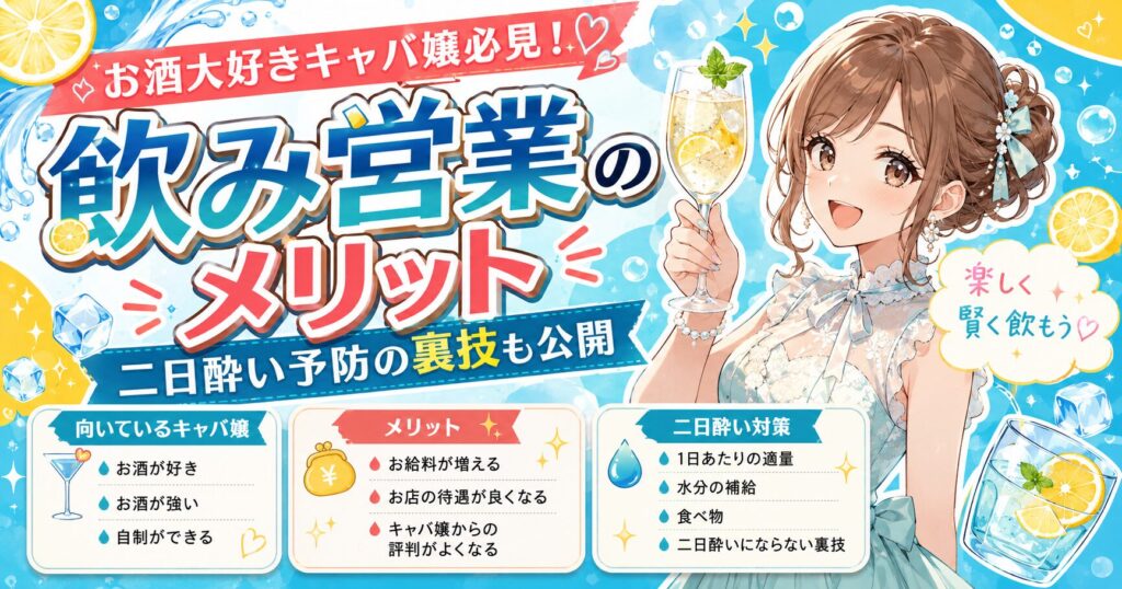 キャバクラの飲み営業について解説するアイキャッチ画像。お酒を持つ女性キャバ嬢のイラストとともに、飲み営業に向いている人、メリット、二日酔い対策や予防のポイントを紹介している。