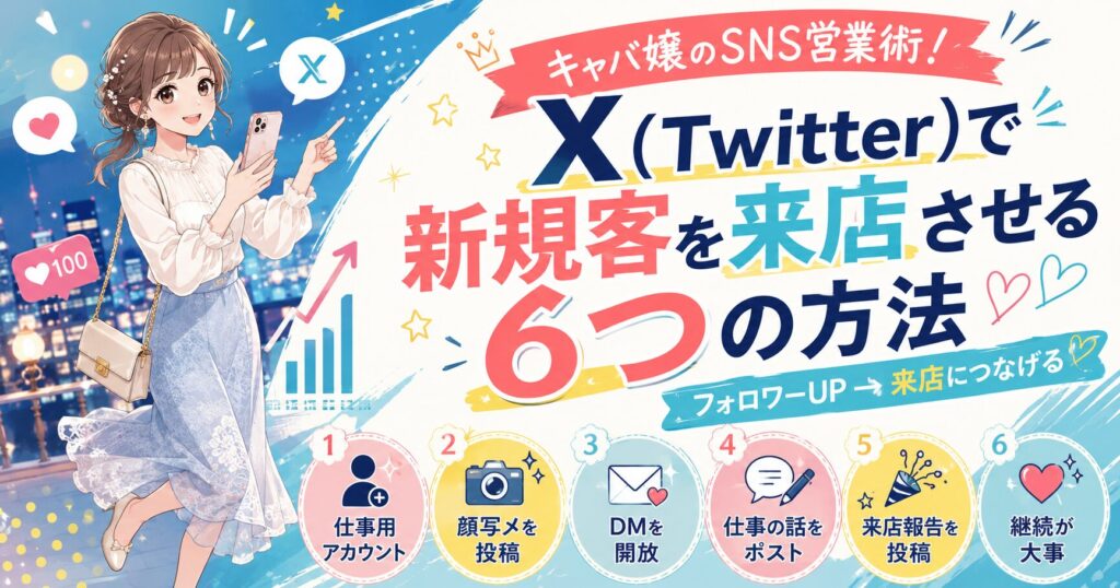 キャバ嬢がX(Twitter)を使って新規客を来店につなげるSNS営業術を解説するイラスト