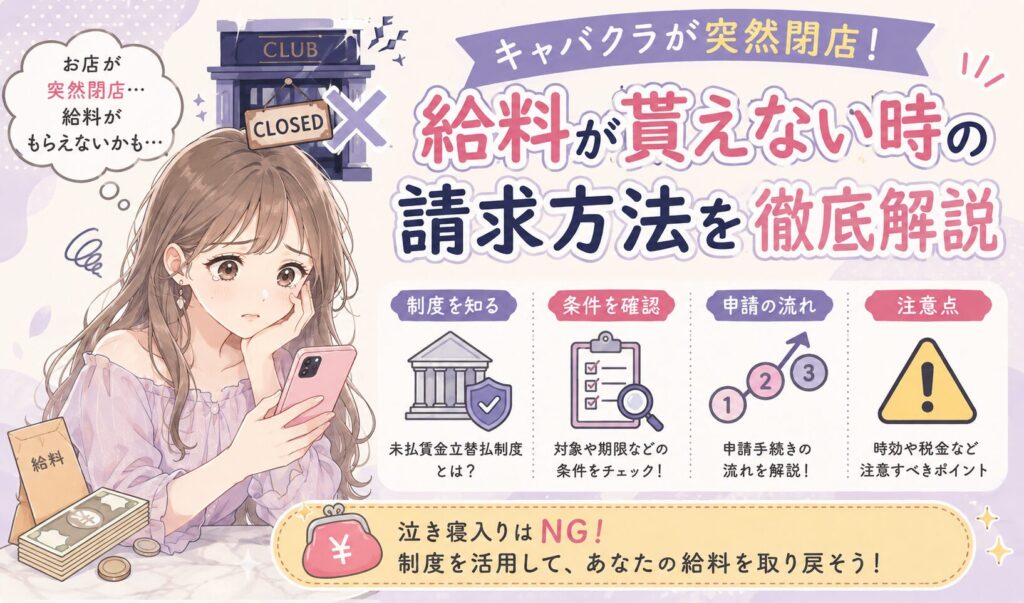 キャバクラが突然閉店して給料が未払いになった場合の請求方法を解説する女性イラスト