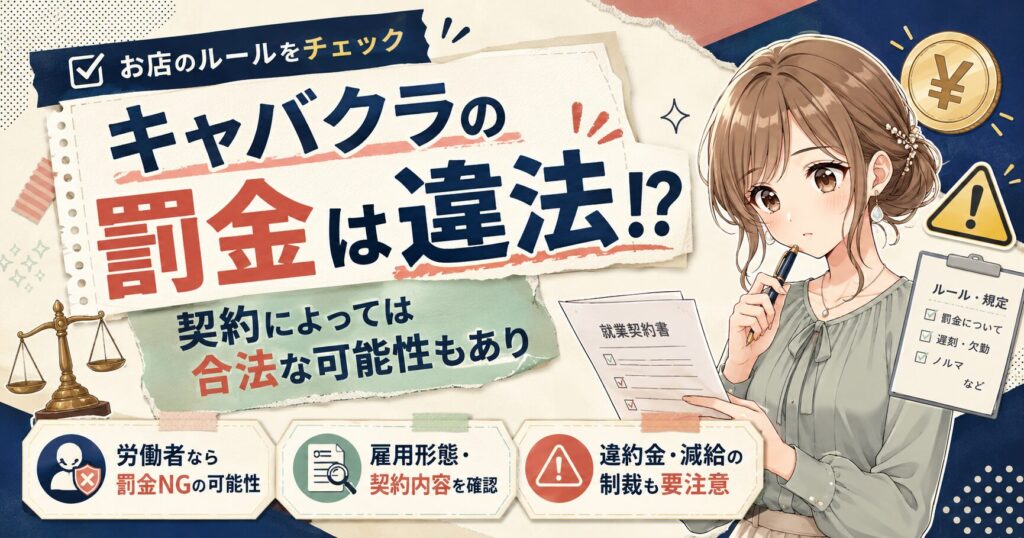 キャバクラの罰金が違法になるケースと契約によって合法となる可能性を解説するイラスト