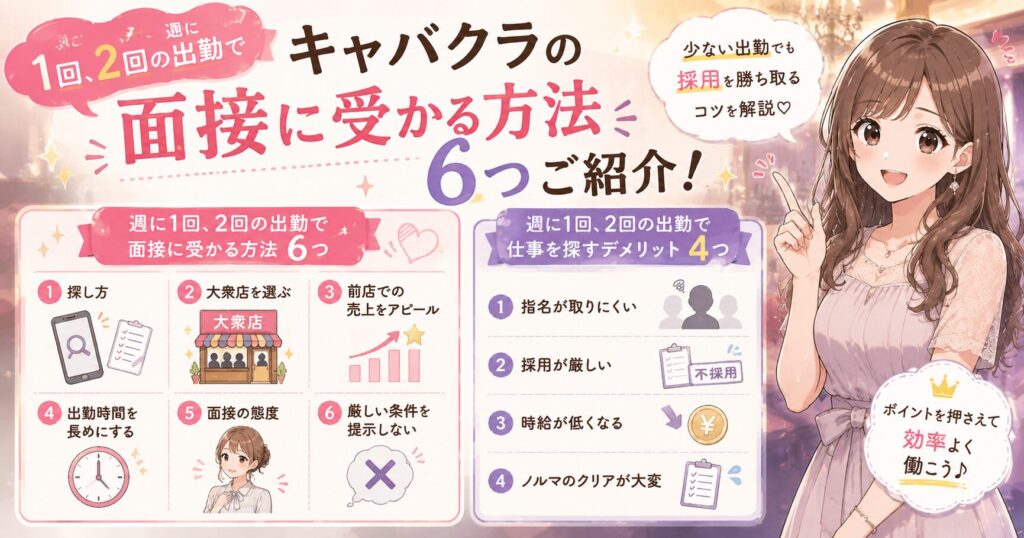 週1回・週2回の出勤でキャバクラの面接に受かる方法を解説するイラスト