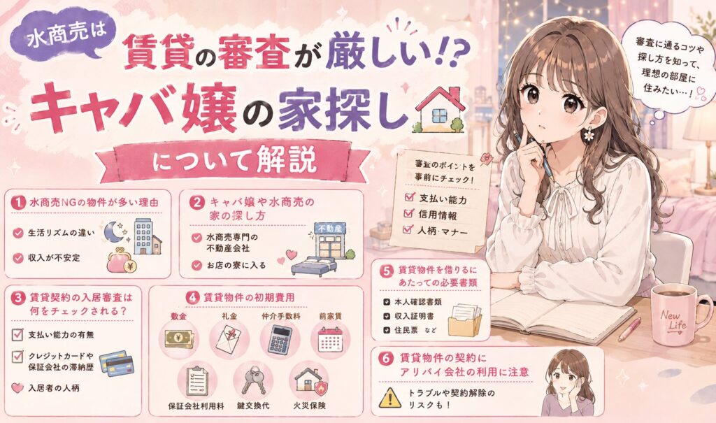 水商売やキャバ嬢は賃貸の審査が厳しい理由や、家探しの方法・初期費用・必要書類を解説するイラスト