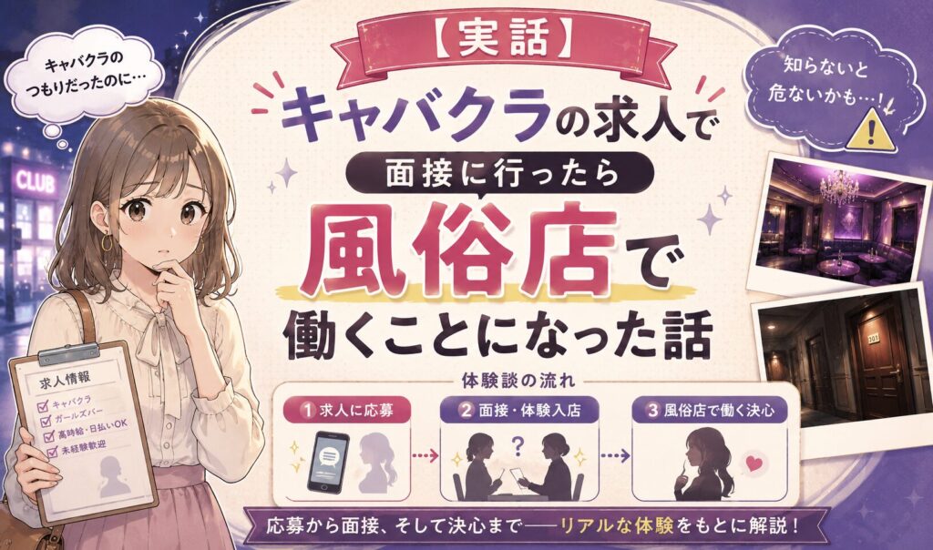 キャバクラの求人に応募して面接へ行った結果、風俗店で働くことになった実話の流れを解説するイラスト