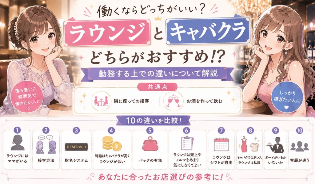 ラウンジとキャバクラの時給・接客・指名・ノルマ・服装などの違いを比較するイラスト