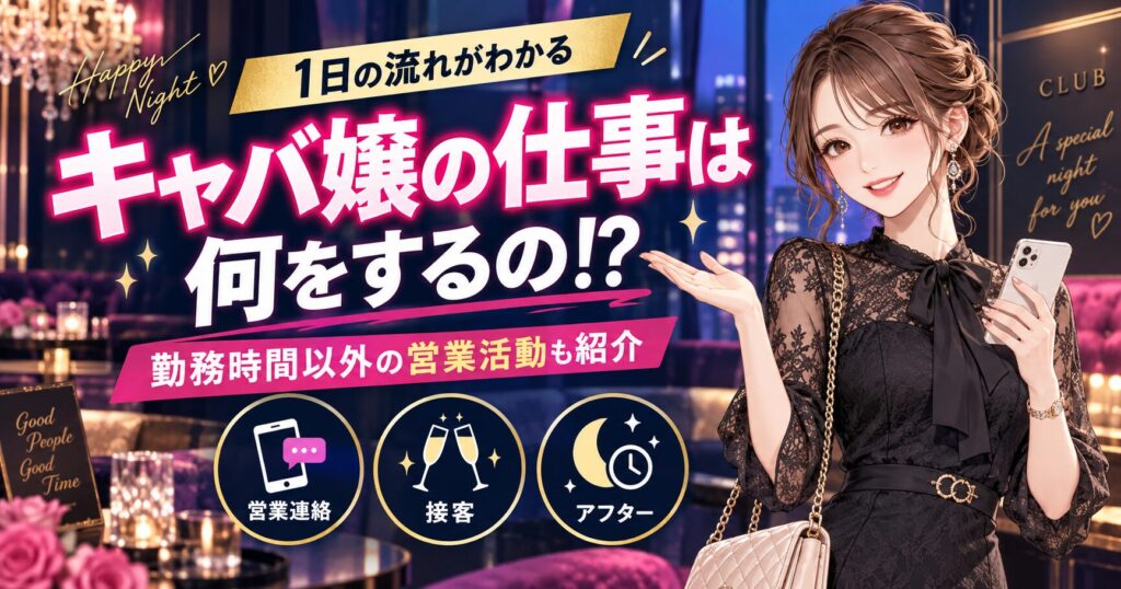 キャバ嬢の仕事内容や勤務時間外の営業活動を紹介する女性キャストのイラスト