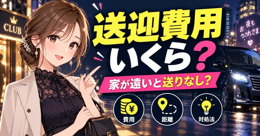 キャバクラの送迎費用の相場や送りの距離について解説する女性キャストと送迎車のイラスト